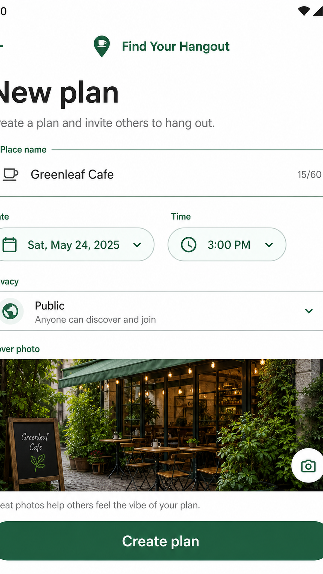 Create a hangout plan screen